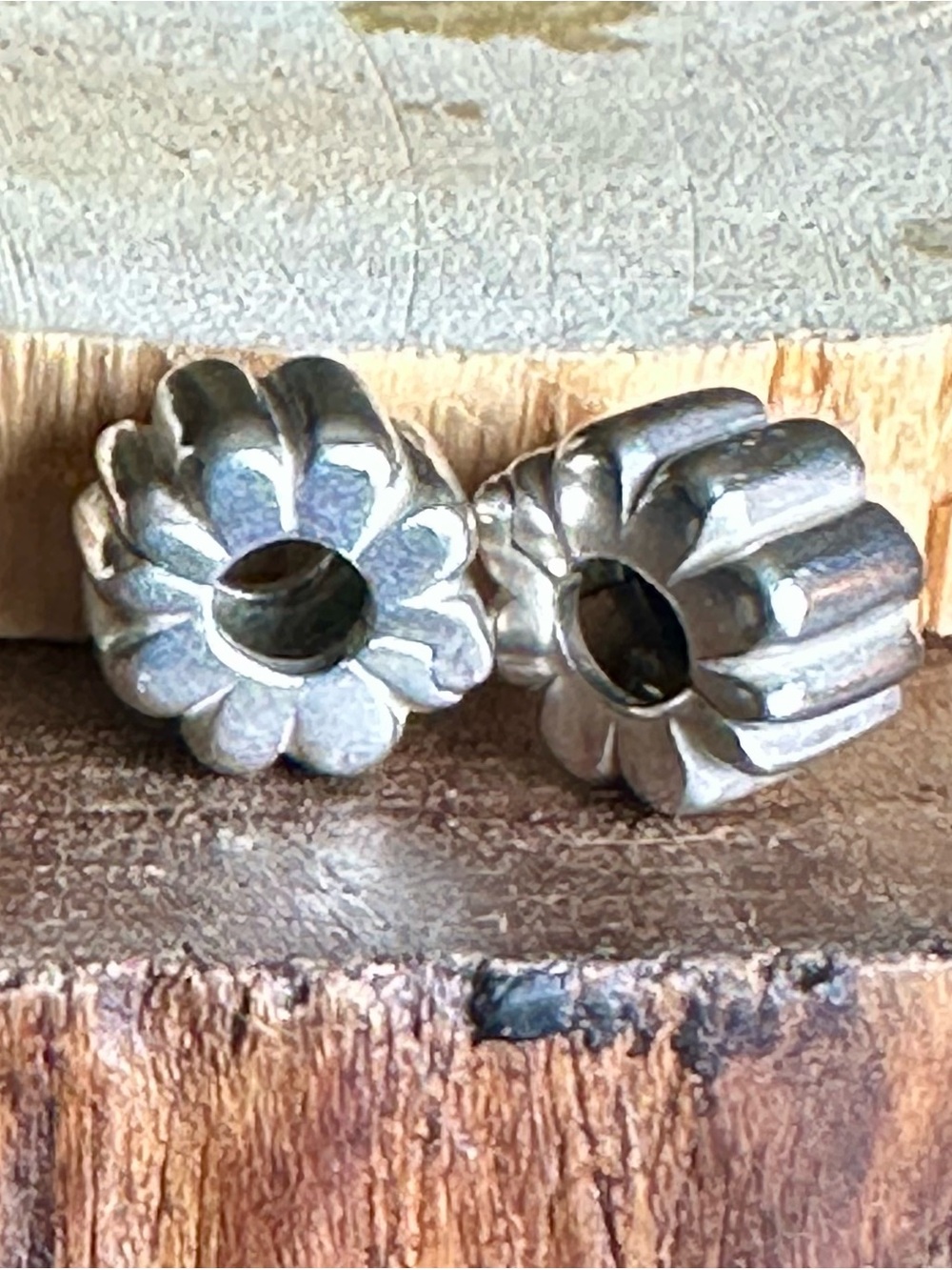 Pair of Retired Pandora Ribbed/Flower Clip Spacer Charms